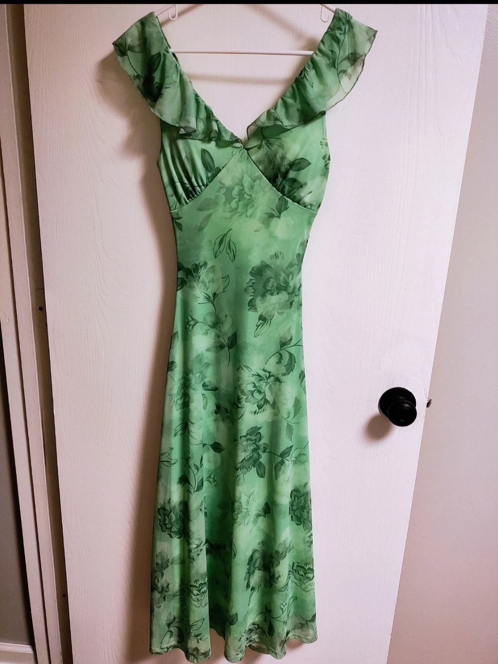 Green Floral Ruffle-Trim Maxi Dress